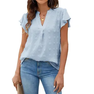 Women short sleeve V neck textured ruffle blouse casual summer top light blue apparel