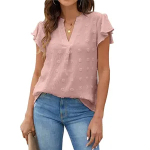 Women Summer V-Neck Short Sleeve Ruffle Chiffon Blouse Casual Cute Dot Top Pink New