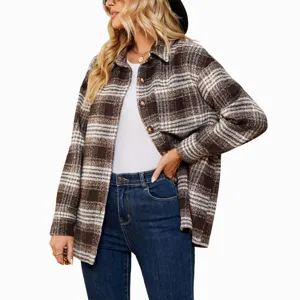 Donna autunno inverno casual a quadri giacca camicia in lana oversize alla moda top