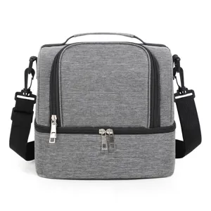 Grey insulated lunch bag, double decker cooler bag with shoulder strap for meal prep.