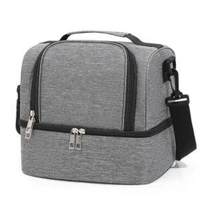 Grey double layer insulated lunch bag with shoulder strap large capacity thermal cooler bag