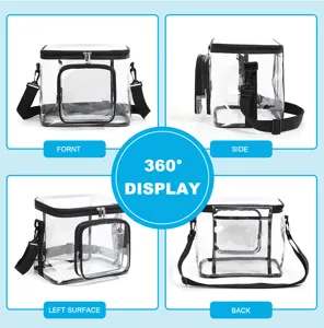Vue détaillée sous plusieurs angles du sac de rangement transparent avec bordure noire.