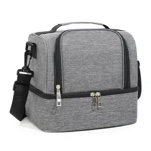 Grey double deck insulated lunch bag with shoulder strap for office work daily bento meals