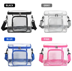 Details du sac transparent en PVC montrant le design clair avec sangle reglable pour usage quotidien.