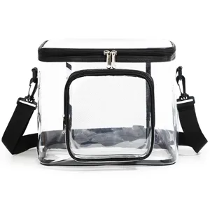 Vue détaillée du sac bandoulière transparent clair avec bordure noire et fermeture éclair.
