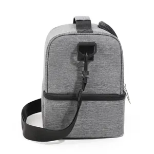 Grey insulated lunch bag with double deck, waterproof cooler bento bag for work and outdoor.