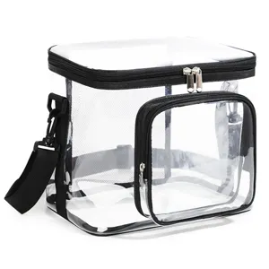 Vue détaillée du sac transparent de rangement cosmétique et de toilette avec bandoulière pratique.