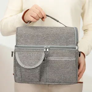 Detailed view of the gray oxford cloth double layer insulated lunch bag and cooler tote.