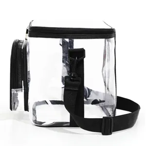 Vue de detail du sac transparent montrant la matiere PVC claire, fermeture et sangle noire.