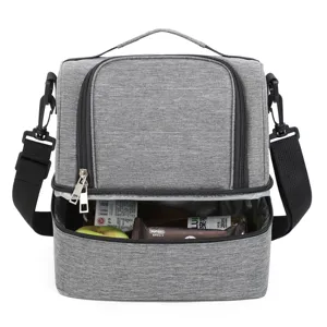 Gray double-deck insulated lunch bag with shoulder strap, large capacity thermal bento bag.