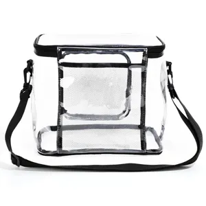 Sac à lunch transparent clair avec bordure noire, sac bandoulière polyvalent pratique.
