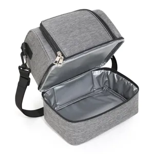 Grey double layer insulated lunch bag with thick aluminum foil lining, portable and durable.