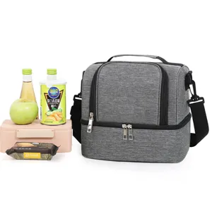 Double layer insulated lunch bag large capacity grey thermal cooler bag for office workers.