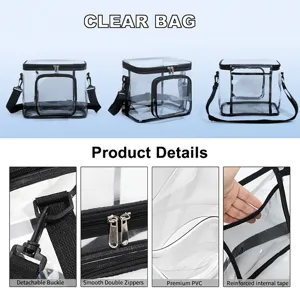 Sac bandoulière transparent en PVC avec doubles fermetures éclair et poche en filet.