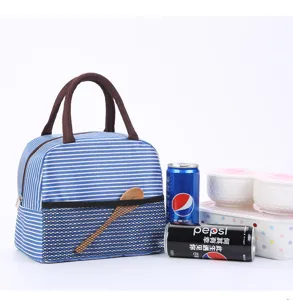 Detail view of the blue and white striped insulated lunch bag with front mesh pocket and handles.