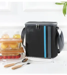 Black insulated lunch bag portable cooler bag with stripes, ideal for office work and outdoor.