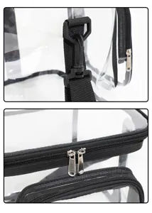 Detail de trousse de toilette transparente avec fermeture eclair robuste et sangle solide.