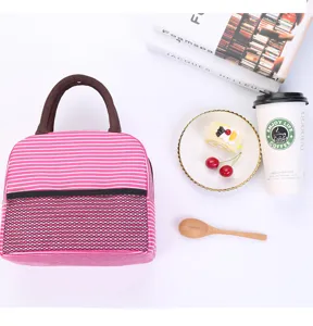 Detail view of the pink striped insulated lunch bag with mesh pocket and sturdy handle scene.