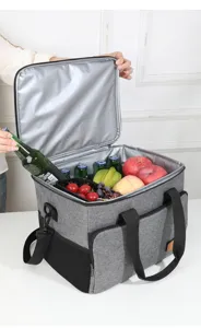 Gray insulated cooler bag with large capacity, perfect for outdoor camping and lunch storage.