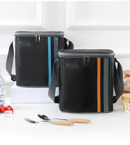 Detail view of the insulated lunch bag with stripe design and convenient handle setup.