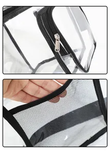 Détail de trousse de toilette transparente avec matière PVC claire, poche filet et fermeture.