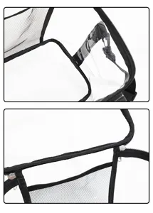 Vue en detail du sac transparent en PVC montrant la fermeture eclair et les details.