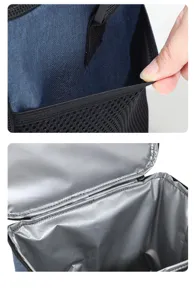 Insulated lunch bag detail close-up showing durable cationic oxford fabric and mesh pocket.