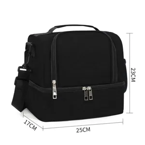 Black insulated lunch bag with double deck design, large capacity cooler bag for daily use.