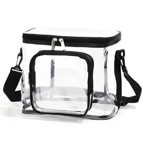 Sac bandoulière transparent en PVC avec bordure noire et poche avant pour le quotidien.