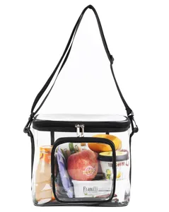 Vue detaillee du sac repas transparent, organiseur de stockage en PVC avec bandouliere.