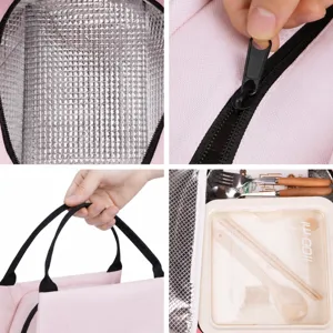 Pink double-layer insulated lunch bag with aluminum foil lining and durable zipper for work.