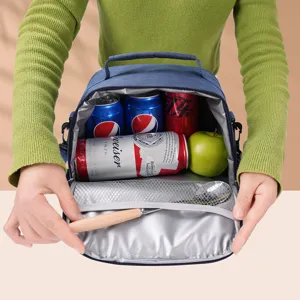 Interior detail of blue insulated lunch bag with foil lining and mesh pocket storage.