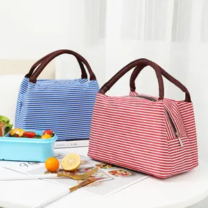 Oxford Cloth Insulated Lunch Bag Waterproof Stripe Cooler Bag Portable Thermal Bento Pouch For Picnic Office Travel