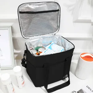 Black insulated cooler bag portable thermal lunch box camping food storage bento bag