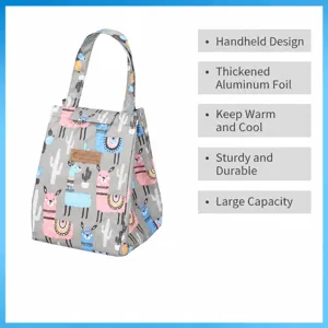 Grey insulated lunch bag with cute llama print, portable thermal bento handbag for work.