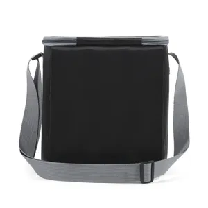 Black insulated lunch bag with gray strap, portable cooler box for office and outdoor.