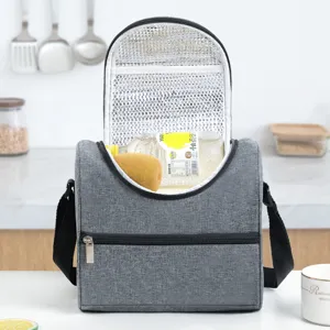 Oxford cloth double layer insulated lunch bag gray thermal cooler bag for meal prep and milk.