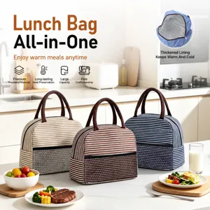 Waterproof Oxford Cloth Thermal Lunch Bag Portable Insulated Food Storage Bag Striped Reusable Meal Prep Handbag For Office