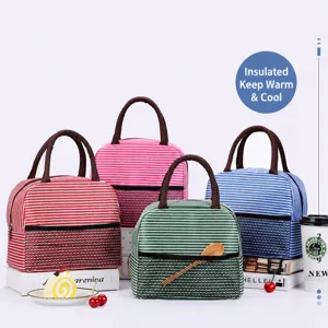 Insulated lunch bag for women men, waterproof thermal bento tote bag with stripe design.