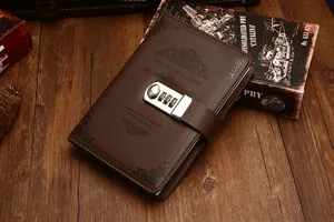 A5 vintage leather diary detail shot, showing the exquisite lock and embossed cover design.