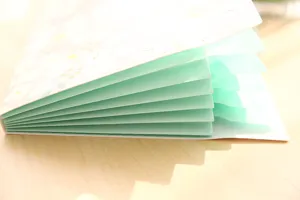 Detail view of floral 6-pocket accordion folder showing mint green expansion layers and PP material.