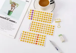Detailed view of mini emoji stickers sheet flatlay with props on clean white background.