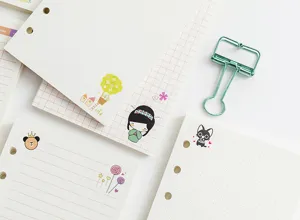 A6 6-hole loose-leaf planner refill paper with cute grid, lined, and dot grid layouts.