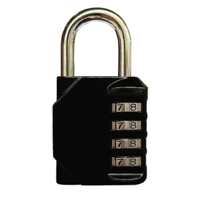 Large 4-digit combination padlock with heavy duty black body and secure metal shackle.