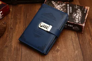 Detailed shot of A5 vintage leather notebook with lock, blue daily journal diary planner.