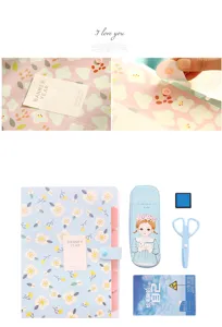 Floral accordion folder set with cute stationery, pencil case, scissors, and organizer box.