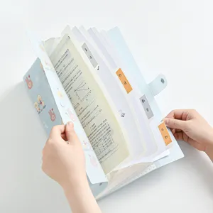 Cute cartoon A4 accordion file folder with multiple index tab pockets for paper storage.