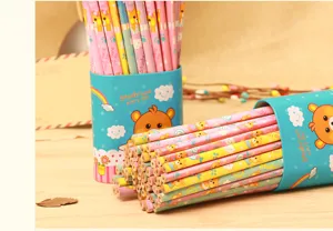 Cute cartoon bear HB pencils set with cute iron bucket for student writing stationery