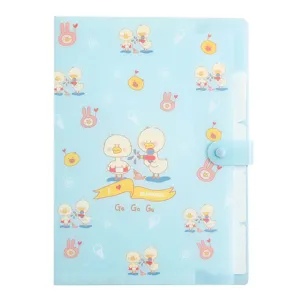 Cute blue A4 accordion folder with cartoon duck pattern, multi-layer document organizer bag.
