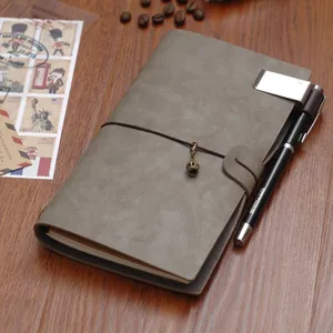Vintage faux leather traveler notebook with metal pen clip and crown charm on wooden table